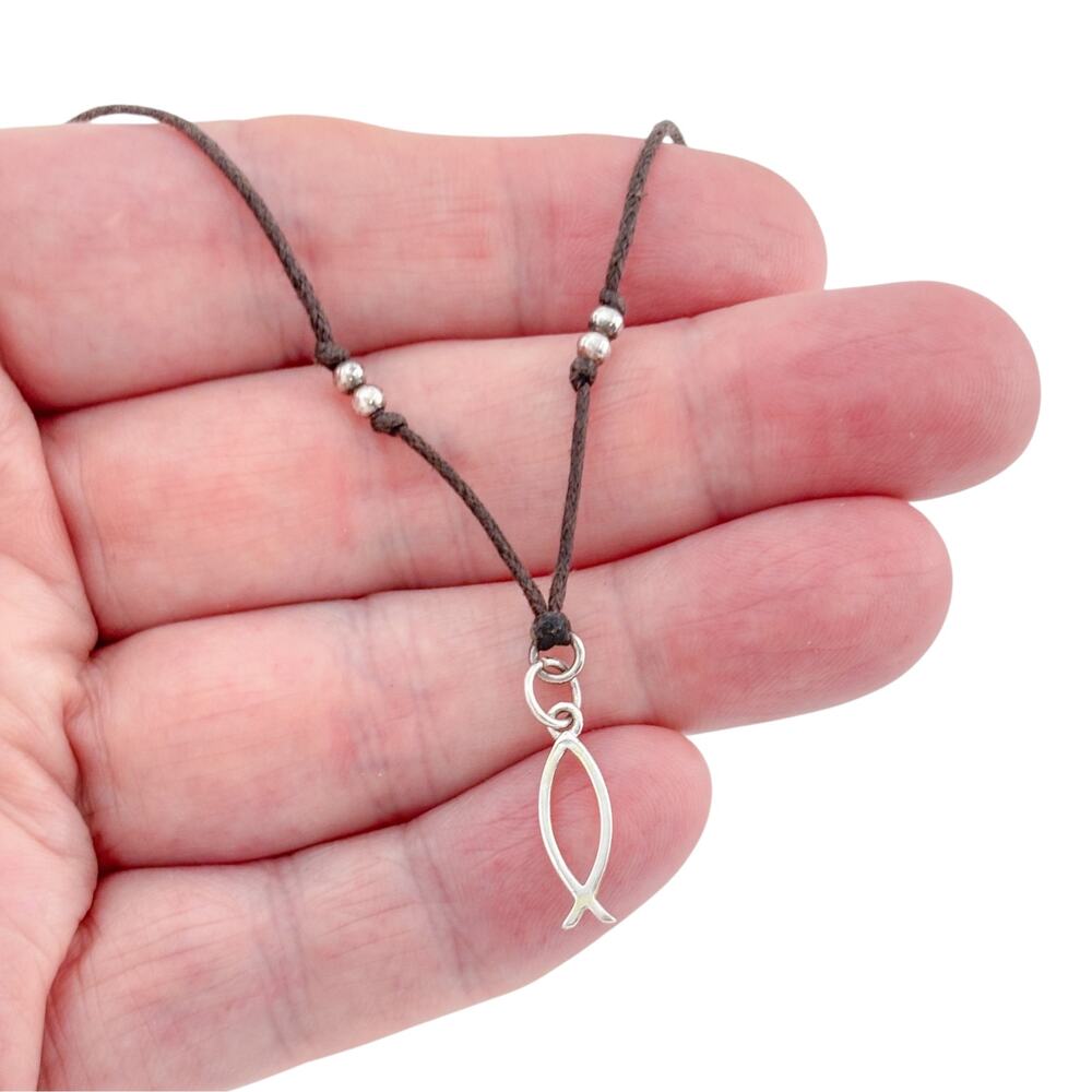 Vintage Sterling Silver Ichthys Fish Pendant Brown Cord Necklace 17"